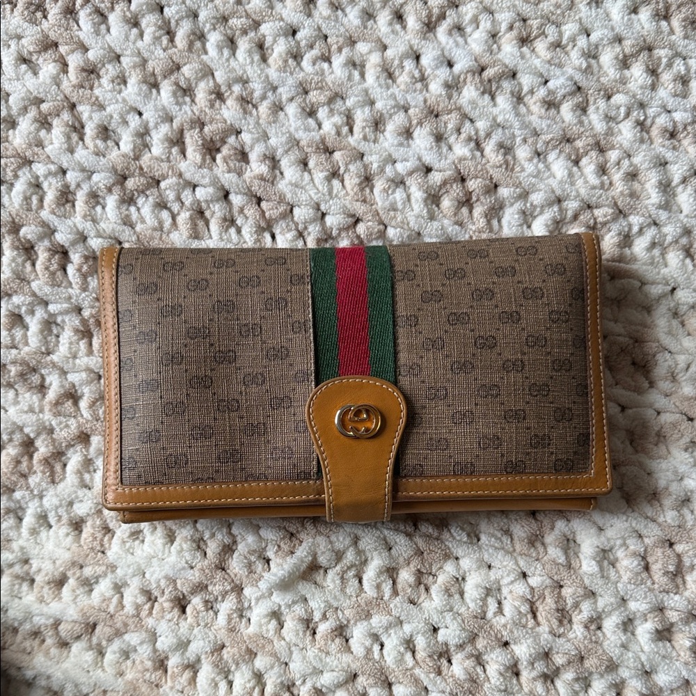 Gucci Tan Monogram Wallet with Red and Green Accent